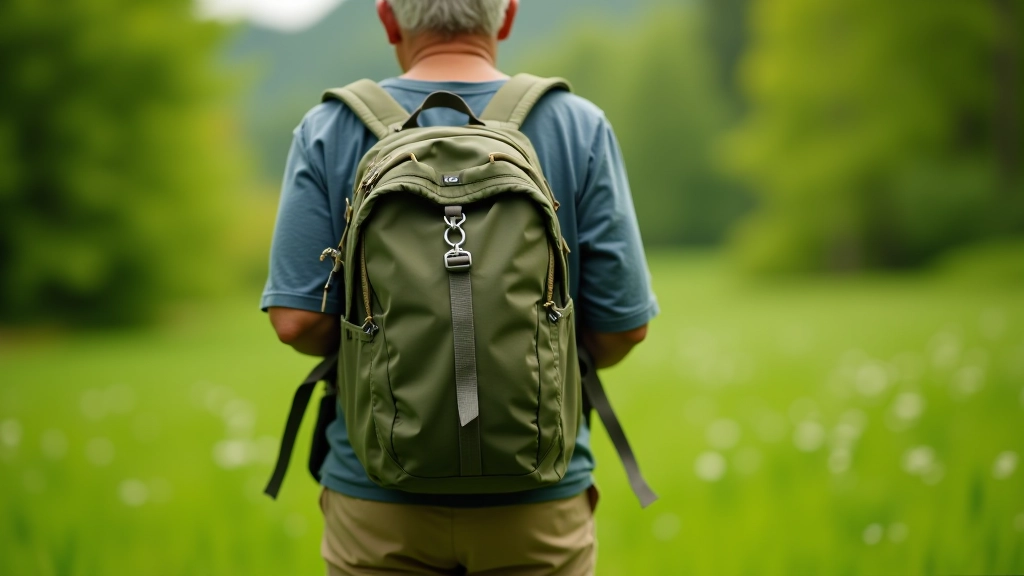 Seniora pārgājienam paredzēta kompakta mugursoma ar ergonomiskiem siksniņiem, novietota uz zaļas pļavas