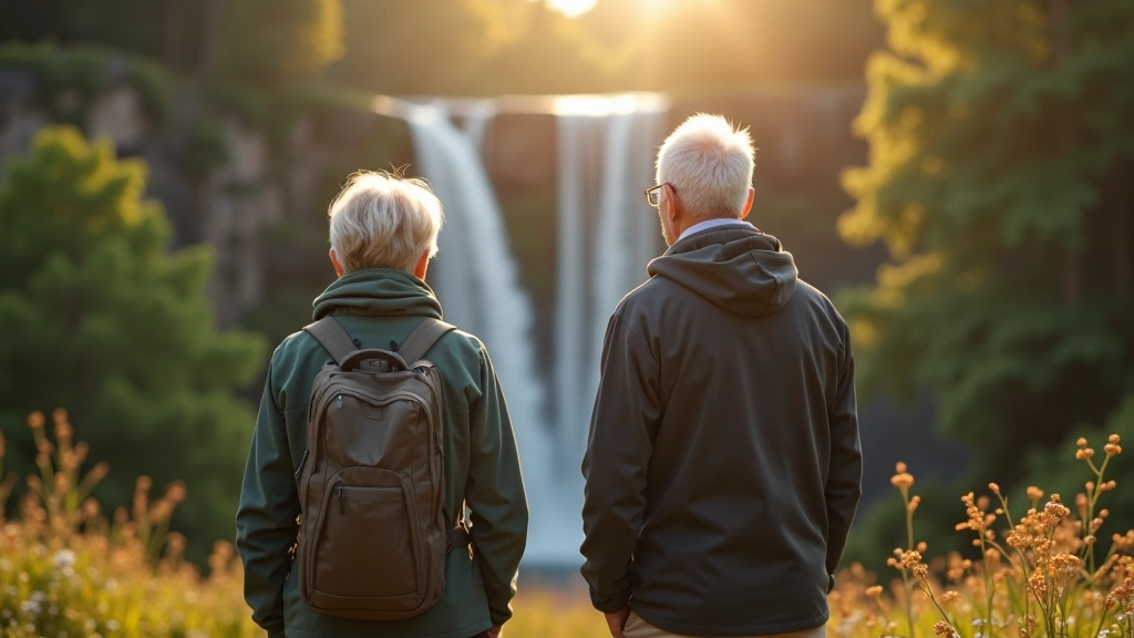 Seniori pārgājiena apģērbā, skatoties uz ūdenskritumu no drošas attāluma, skaista dabu