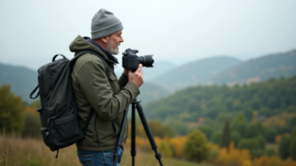 Fotogrāfs ar kameru uz tripoda, ūdenskrituma ainā fona, profesionāla fotogrāfija