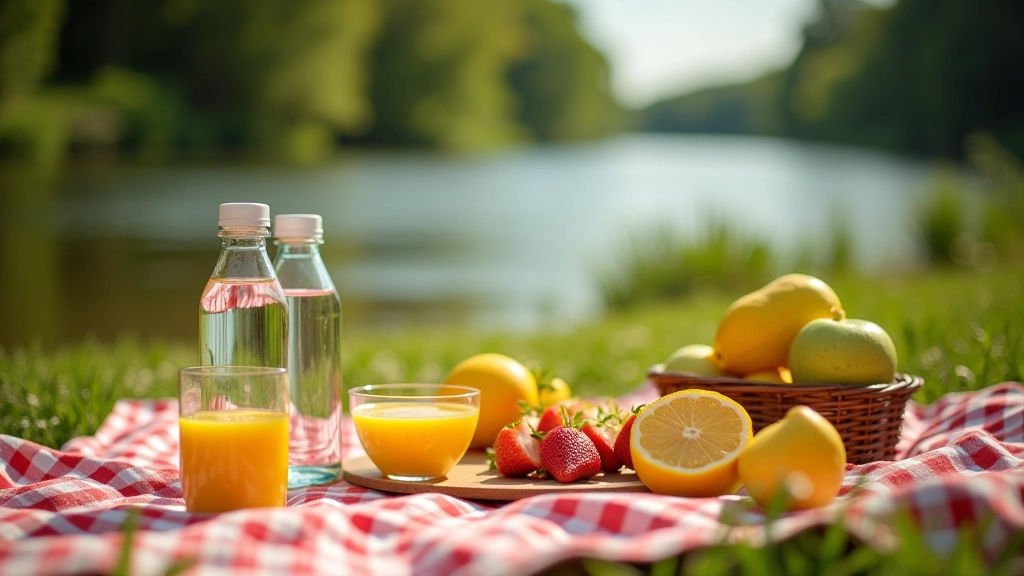 Atpūtas komplekts: ūdens pudeles, augļi un pārtika uz piknika paklāja