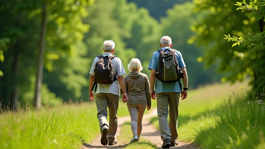 Seniori pārgājiena laikā, mierīga vidē pie upes, dabas skats